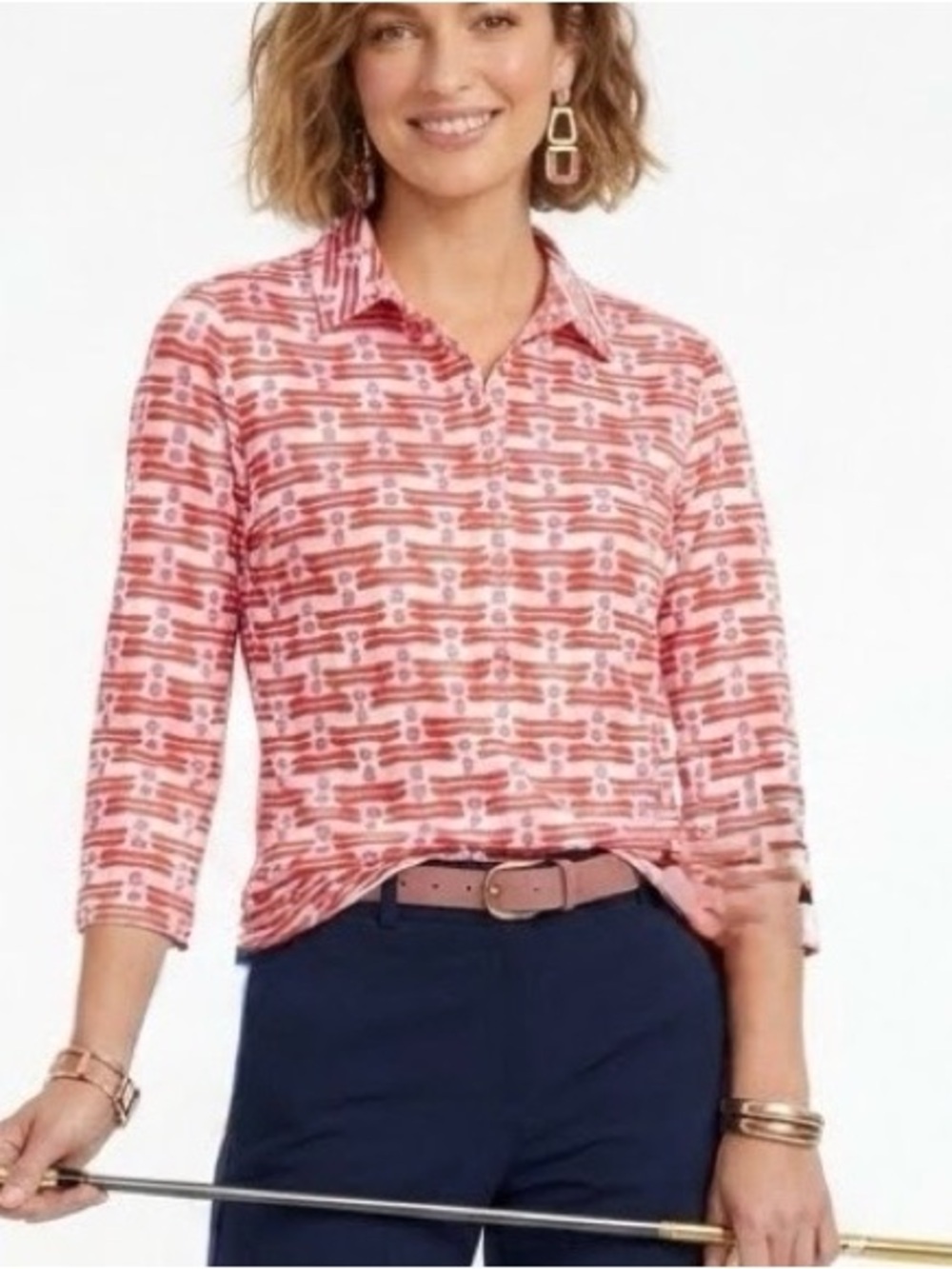 J.McLaughlin Court Polo Sahara Top Pink Red Geometric 3/4 Sleeve 1881